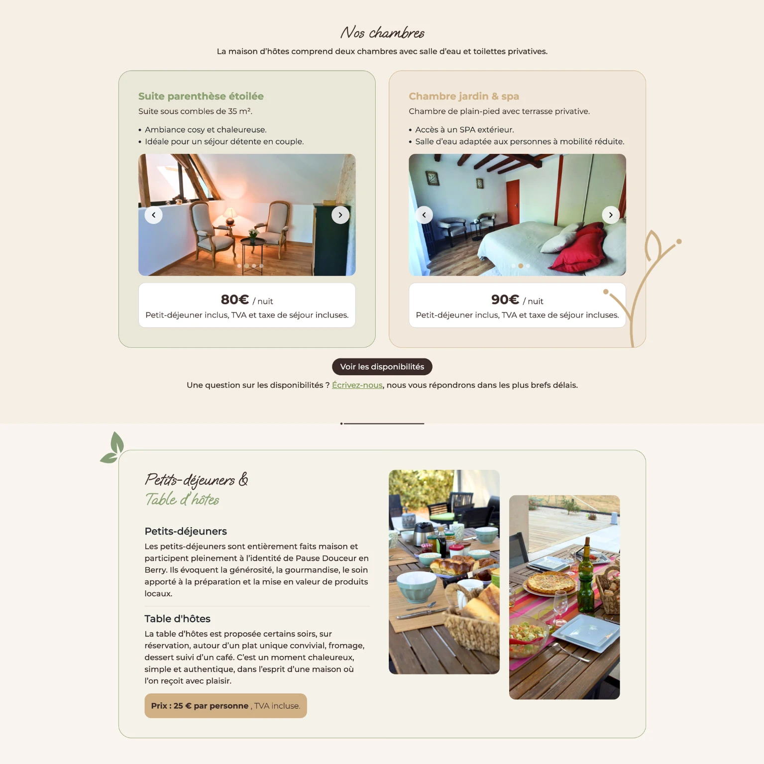 Vue desktop des section Chambres, Petits-déjeuners et Table d'hôtes du site de Pause Douceur en Berry
